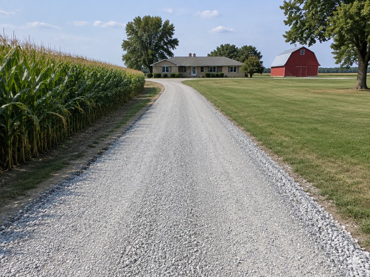A long crushed stone lane runs past a cornfield toward a farmhouse and a red barn on a sunny afternoon