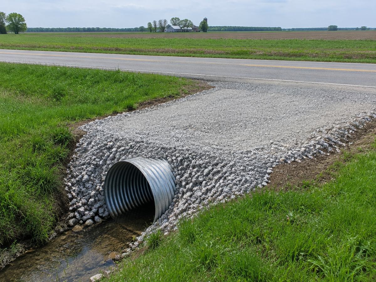 A corrugated metal culvert pipe carries a roadside ditch under a stone field drive beside a two-lane country road