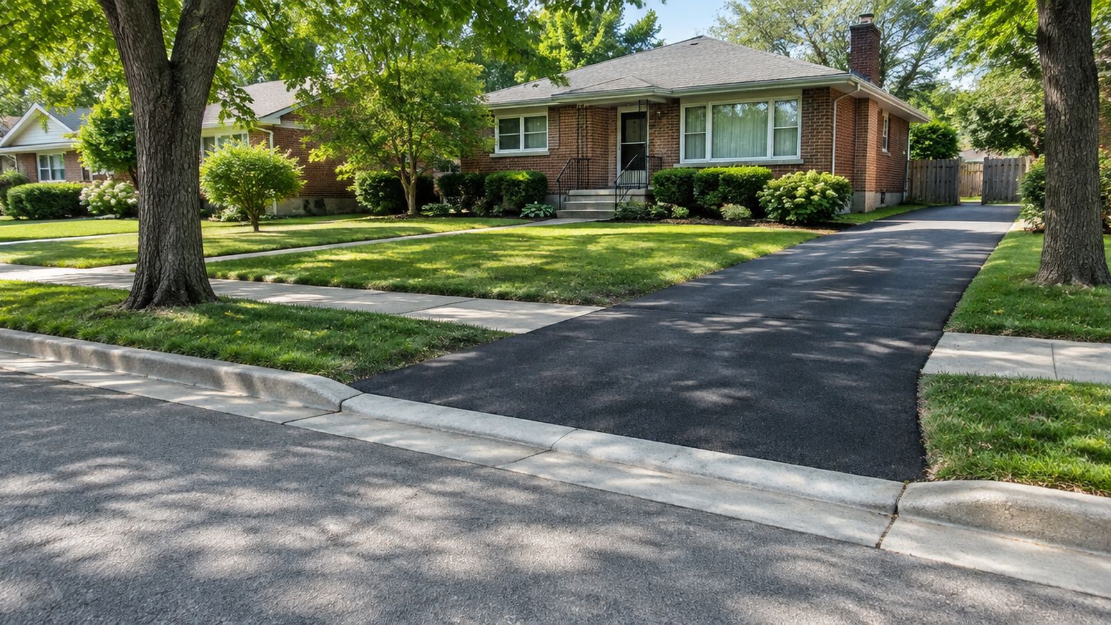 A new asphalt driveway crosses the sidewalk and meets the curb in front of a brick bungalow on a tree-lined street