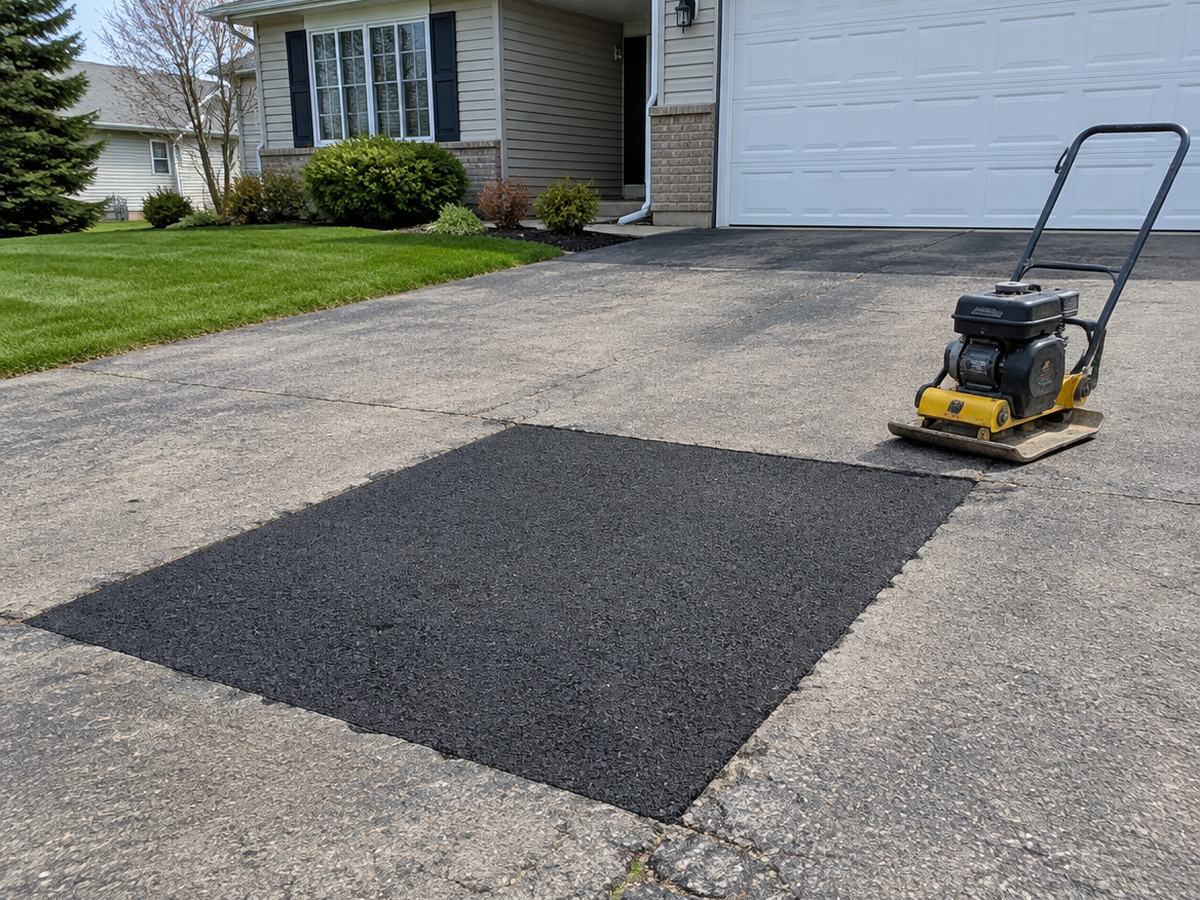 A square patch of fresh black asphalt stands out on a worn gray driveway, a plate compactor parked beside it