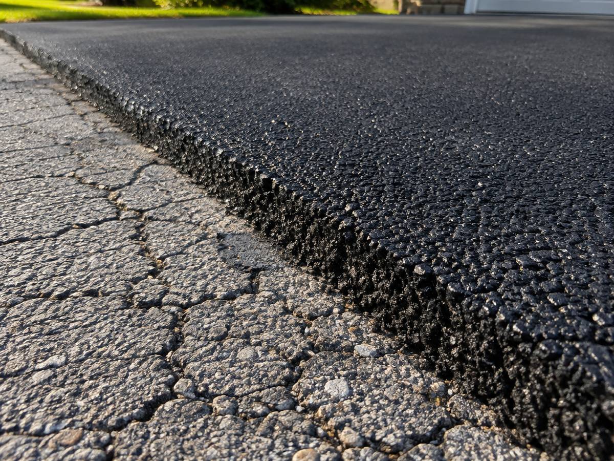 The thick edge of a new asphalt overlay rests on top of old pavement covered in a web of fine cracks