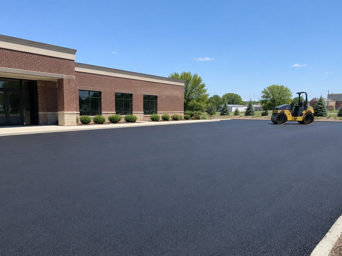 A roller sits at the far end of a newly paved parking lot in front of a single-story brick office building