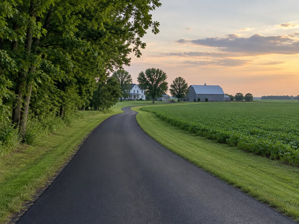 A newly paved private lane winds between a tree line and a soybean field toward a white farmhouse and barn at dusk