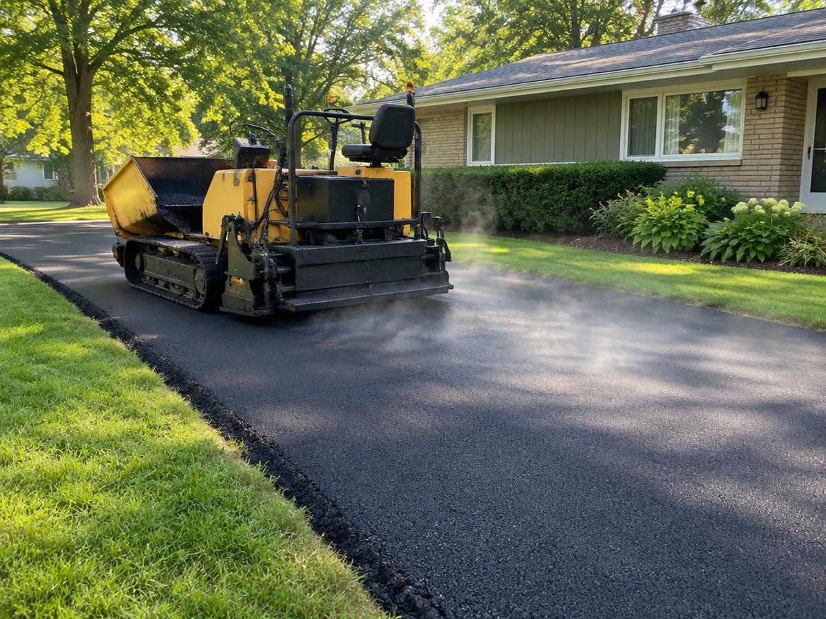Steam rises as a compact paver spreads hot asphalt along a residential driveway beside a trimmed lawn and a low ranch house
