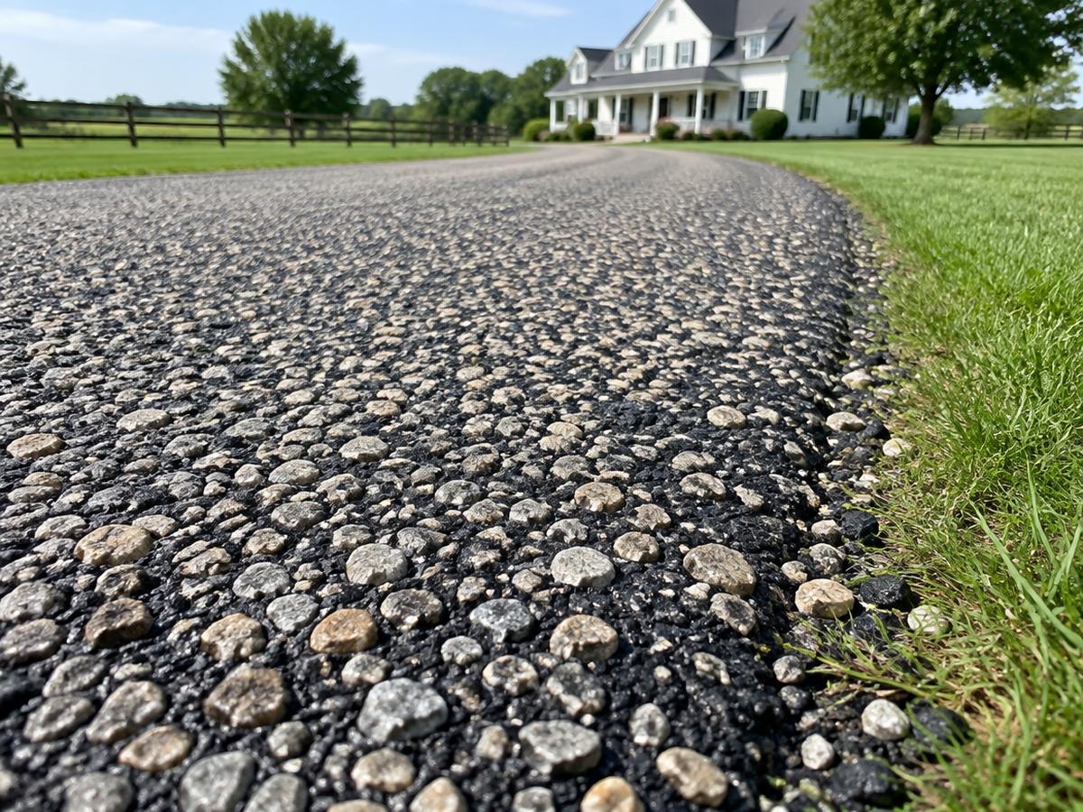 Close view of a tar and chip drive, light stones set in black binder, curving toward a white farmhouse and a board fence